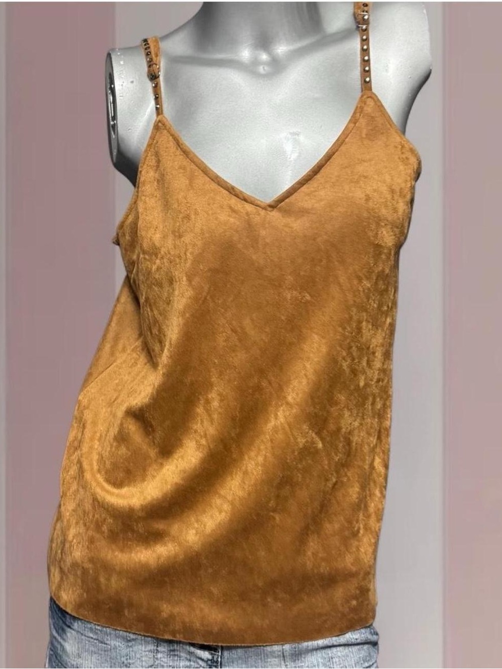 Vocal Y2K Western faux suede and rhinestone strap tank top